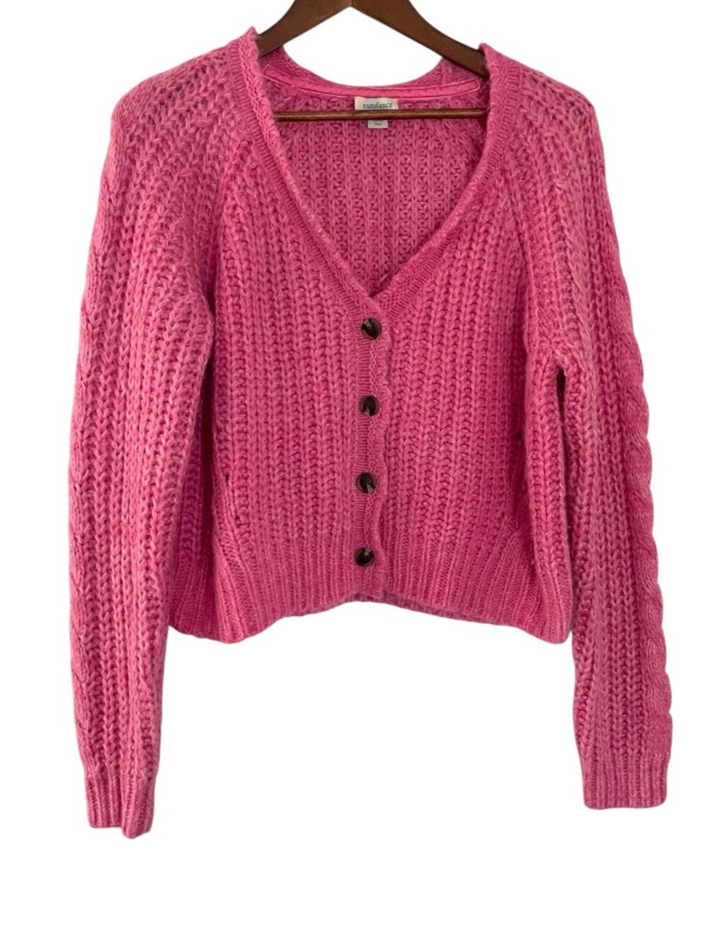 Sundance Henrietta Cardigan Sweater PM Petite Medium Pink Cable Knit Wool Blend